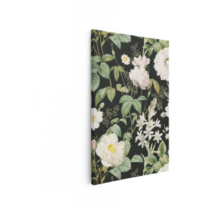 Artaza Canvas Schilderij Vintage Bloemenpatroon met Witte Rozen en Tuberoos op Zwarte Achtergrond - 20x30 cm - Klein - Wanddecoratie Woonkamer - Schilderijen - Muurdecoratie