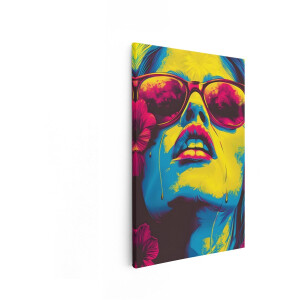 Artaza Canvas Schilderij Vrouw met Zonnebril en Bloemen - Levendige Kleuren - Pop Art Stijl - 60x90 cm - Wanddecoratie Woonkamer - Schilderijen - Muurdecoratie