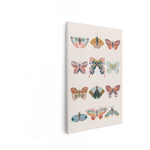 Artaza Canvas Schilderij Diverse Collectie Vlinders en Motten met Boho-Patronen in Pastelkleuren - 80x120 cm - Groot - Wanddecoratie Woonkamer - Schilderijen - Muurdecoratie