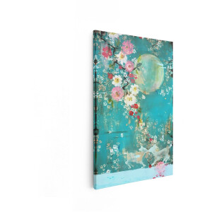 Artaza Canvas Schilderij Hert - 40x60 cm - Wanddecoratie Kersenbloesem - Muurdecoratie Maan - Decoratie Bloemen - Turquoise