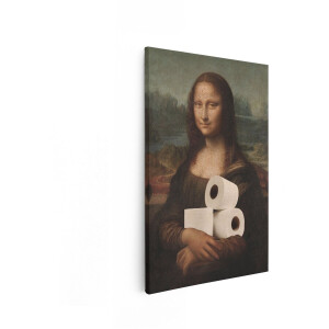 Artaza Canvas Schilderij Mona Lisa Houdt Toiletpapier Vast - een Humoristische Twist op een Klassiek Kunstwerk - 80x120 cm - Groot - Wanddecoratie Woonkamer - Schilderijen - Muurdecoratie