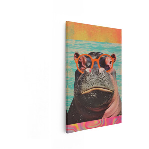 Artaza Canvas Schilderij Nijlpaard Met Zonnebril - 40x60 cm - Wanddecoratie Dieren - Muurdecoratie Kleurrijk - Decoratie Pop Art Vintage