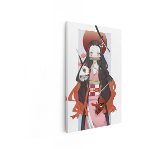 Artaza Canvas Schilderij Anime Meisje met Bamboe Mondstuk en Demonenmaskers - Zwaard en Rode Bloemen - 80x120 cm - Groot - Wanddecoratie Woonkamer - Schilderijen - Muurdecoratie