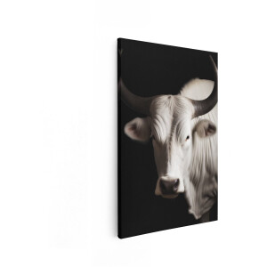 Artaza Canvas Schilderij Machtig Wit Rund met Imposante Hoorns op Zwarte Achtergrond - 20x30 cm - Klein - Wanddecoratie Woonkamer - Schilderijen - Muurdecoratie