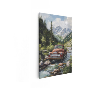 Artaza Canvas Schilderij Vintage Pick-Up Truck - 80x120 cm - Wanddecoratie Auto - Muurdecoratie Bergen - Schilderij Landschap - Rood