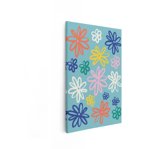 Artaza Canvas Schilderij Vrolijke Bloemenprint met Heldere Kleuren op een Blauwe Achtergrond - 20x30 cm - Klein - Wanddecoratie Woonkamer - Schilderijen - Muurdecoratie