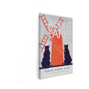 Artaza Canvas Schilderij Boekcover 'About Paris' met Molen en Zwarte Katten - Illustratie van C.D. Gibson - 20x30 cm - Klein - Wanddecoratie Woonkamer - Schilderijen - Muurdecoratie