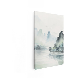 Artaza Canvas Schilderij Nevelachtig Berglandschap met Sereen meer en Vogels in Aquarelstijl - 80x120 cm - Groot - Wanddecoratie Woonkamer - Schilderijen - Muurdecoratie