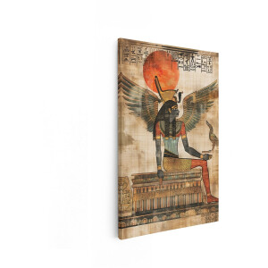 Artaza Canvas Schilderij Gevleugelde Egyptische Godin Isis met Zonneschijf en Hiërogliefen op Papyrus - 80x120 cm - Groot - Wanddecoratie Woonkamer - Schilderijen - Muurdecoratie