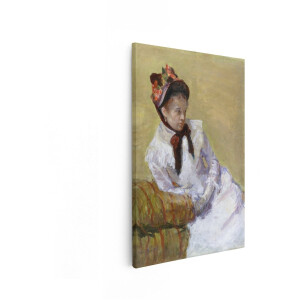 Artaza Canvas Schilderij Vrouw in Witte Jurk met Bloemenhoed - Leunend op een Gestreepte Bank - 80x120 cm - Groot - Wanddecoratie Woonkamer - Schilderijen - Muurdecoratie