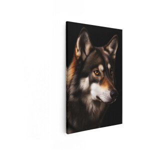 Artaza Canvas Schilderij Portret van een Wolf met Intense Gele Ogen tegen een Zwarte Achtergrond - 60x90 cm - Wanddecoratie Woonkamer - Schilderijen - Muurdecoratie