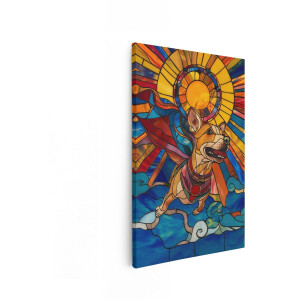 Artaza Canvas Schilderij Vrolijke Hond met Cape Vliegt door de Lucht in Glas-In-Lood Stijl - 80x120 cm - Groot - Wanddecoratie Woonkamer - Schilderijen - Muurdecoratie