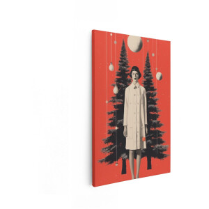 Artaza Canvas Schilderij Vrouw - 40x60 cm - Wanddecoratie Kerst - Muurdecoratie Vintage - Decoratie Kerstboom - Rood