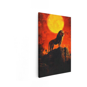 Artaza Canvas Schilderij Machtige Leeuw Staat op Rots onder Gloeiende Oranje Zon - 60x90 cm - Wanddecoratie Woonkamer - Schilderijen - Muurdecoratie