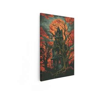 Artaza Canvas Schilderij Spookhuis met Grote Boom en Rode Maan op de Achtergrond - 20x30 cm - Klein - Wanddecoratie Woonkamer - Schilderijen - Muurdecoratie