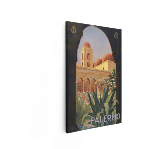Artaza Canvas Schilderij Vintage Poster van Palermo - Sicilië - met Architectuur en Weelderige Tuinen - 20x30 cm - Klein - Wanddecoratie Woonkamer - Schilderijen - Muurdecoratie