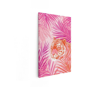 Artaza Canvas Schilderij Levendig Roze Jungle met een Opvallend Oranje Tijgergezicht dat door de Bladeren Piept - 60x90 cm - Wanddecoratie Woonkamer - Schilderijen - Muurdecoratie