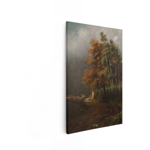Artaza Canvas Schilderij Herfstlandschap met een Kronkelend Pad en Figuren bij een Monument - 20x30 cm - Klein - Wanddecoratie Woonkamer - Schilderijen - Muurdecoratie