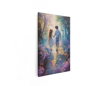 Artaza Canvas Schilderij Een Jongen en Meisje Lopen Hand in Hand door een Betoverd Bloemenbos - 80x120 cm - Groot - Wanddecoratie Woonkamer - Schilderijen - Muurdecoratie