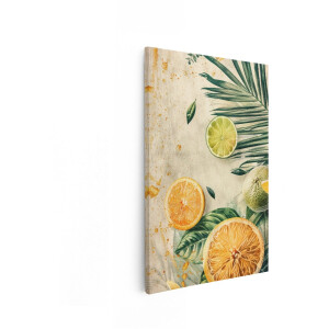 Artaza Canvas Schilderij Citrusfruit - 80x120 cm - Wanddecoratie Tropische Bladeren - Muurdecoratie Vintage - Decoratie Fruit Goud