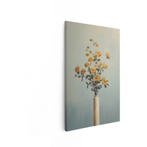Artaza Canvas Schilderij Gele Bloemen in een Vaas Geschilderd met Olieverf op een Blauwe Achtergrond - 40x60 cm - Wanddecoratie Woonkamer - Schilderijen - Muurdecoratie