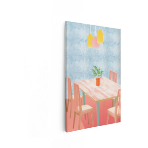 Artaza Canvas Schilderij Gezellige Eetkamer met Pastelkleurige Meubels en Planten Decoratie - 60x90 cm - Wanddecoratie Woonkamer - Schilderijen - Muurdecoratie