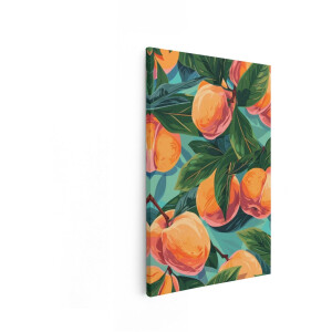 Artaza Canvas Schilderij Levendige Perzikken aan Takken met Weelderige Groene Bladeren in een Patroon - 40x60 cm - Wanddecoratie Woonkamer - Schilderijen - Muurdecoratie