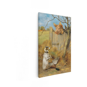 Artaza Canvas Schilderij Hond Kijkt Naar Varken en Hond Die over Hek Kijken Naar Dode Eend - 80x120 cm - Groot - Wanddecoratie Woonkamer - Schilderijen - Muurdecoratie