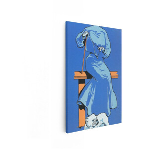 Artaza Canvas Schilderij Vrouw in Blauwe Jurk met Wandelstok en Buldog op Oranje <a title="stoel vergelijken" href="https://furn.nl/stoelen">stoel</a> - 40x60 cm - Wanddecoratie Woonkamer - Schilderijen - Muurdecoratie