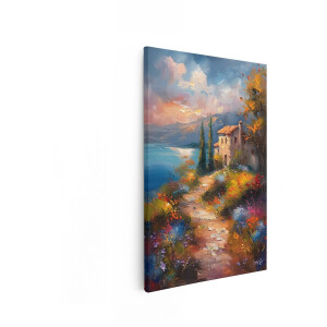 Artaza Canvas Schilderij Toscaans Landschap - 60x90 cm - Wanddecoratie Mediterrane Villa - Muurdecoratie Bloemen - Decoratie Kust