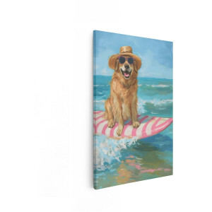 Artaza Canvas Schilderij Hond Op Surfplank - 20x30 cm - Wanddecoratie Golden Retriever - Muurdecoratie Strand - Schilderijen Op Canvas Zee
