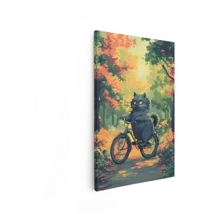 Artaza Canvas Schilderij Pixel Art Zwarte Kat Fietst over een Herfstbospad - 60x90 cm - Wanddecoratie Woonkamer - Schilderijen - Muurdecoratie