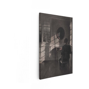 Artaza Canvas Schilderij Vrouw Zit aan Tafel in een Kamer met Dramatisch Zonlicht door het Raam - 20x30 cm - Klein - Wanddecoratie Woonkamer - Schilderijen - Muurdecoratie