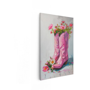Artaza Canvas Schilderij Cowboylaarzen - 60x90 cm - Wanddecoratie Bloemen - Muurdecoratie Stilleven - Decoratie Roze Boho