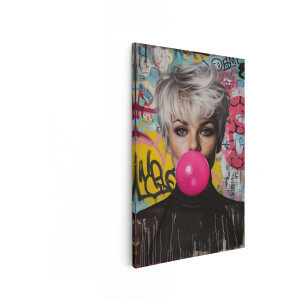 Artaza Canvas Schilderij Vrouw Met Kauwgombal - 80x120 cm - Wanddecoratie Pop Art - Muurdecoratie Graffiti - Decoratie Roze Woonkamer