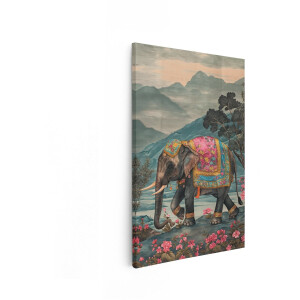 Artaza Canvas Schilderij Olifant - 60x90 cm - Wanddecoratie Indisch Berglandschap - Muurdecoratie Bloemen - Decoratie Vintage Dieren
