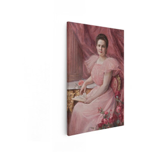 Artaza Canvas Schilderij Vrouw - 60x90 cm - Wanddecoratie Roze Jurk - Muurdecoratie Romantisch - Decoratie Rozen Waaier - Klassiek