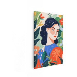 Artaza Canvas Schilderij Vrolijke Vrouw met Donker haar Omringd door Kleurrijke Bloemen en Bladeren - 80x120 cm - Groot - Wanddecoratie Woonkamer - Schilderijen - Muurdecoratie