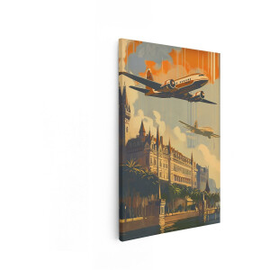 Artaza Canvas Schilderij Oude Vliegtuigen Vliegen over een Groot Europees Gebouw met Palmbomen - 40x60 cm - Wanddecoratie Woonkamer - Schilderijen - Muurdecoratie