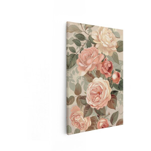 Artaza Canvas Schilderij Zachte Perzikkleurige en Crèmekleurige Rozen met Bladeren in een Klassieke Stijl - 20x30 cm - Klein - Wanddecoratie Woonkamer - Schilderijen - Muurdecoratie
