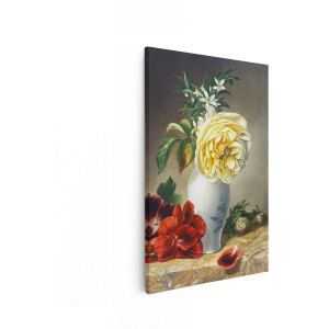 Artaza Canvas Schilderij Klassiek Stilleven met Gele Roos en Rode Bloemen in een Vaas - 60x90 cm - Wanddecoratie Woonkamer - Schilderijen - Muurdecoratie