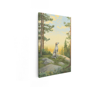 Artaza Canvas Schilderij Een Hond Zit op een Rots in een Bos bij Zonsopgang - 80x120 cm - Groot - Wanddecoratie Woonkamer - Schilderijen - Muurdecoratie