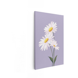 Artaza Canvas Schilderij Drie Witte Margrieten met Gele Harten op een Zachte Paarse Achtergrond - 40x60 cm - Wanddecoratie Woonkamer - Schilderijen - Muurdecoratie