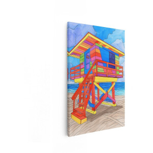 Artaza Canvas Schilderij Kleurrijk Strandhuisje met Levendige Kleuren en een Tropische Sfeer - 60x90 cm - Wanddecoratie Woonkamer - Schilderijen - Muurdecoratie