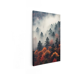 Artaza Canvas Schilderij Mistige Herfstbos met Gloeiende Oranje Bladeren en Donkere Dennenbomen - 20x30 cm - Klein - Wanddecoratie Woonkamer - Schilderijen - Muurdecoratie