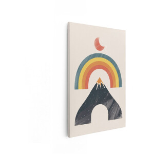 Artaza Canvas Schilderij Abstracte Berglandschap met Regenboog en Halve Maan in Retro Stijl - 60x90 cm - Wanddecoratie Woonkamer - Schilderijen - Muurdecoratie