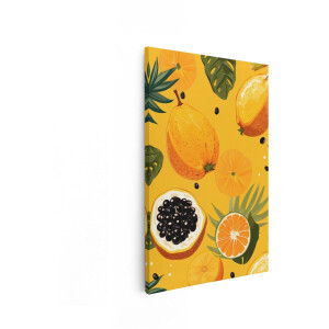 Artaza Canvas Schilderij Levendige Tropische Vruchten en Bladeren op een Zonnige Gele Achtergrond - 80x120 cm - Groot - Wanddecoratie Woonkamer - Schilderijen - Muurdecoratie