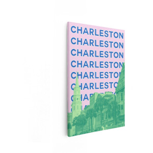 Artaza Canvas Schilderij Charleston - 60x90 cm - Wanddecoratie Stad - Muurdecoratie Tekst - Schilderijen Op Canvas Roze - Blauw