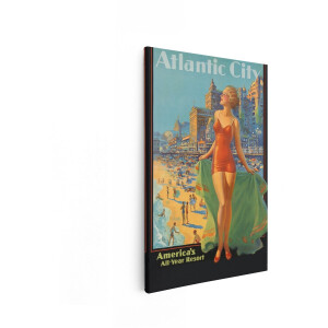 Artaza Canvas Schilderij Vintage Reisposter Atlantic City - 40x60 cm - Wanddecoratie Vrouw Strand - Muurdecoratie Retro - Decoratie Zee