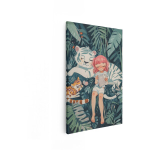 Artaza Canvas Schilderij Meisje In De Jungle - 60x90 cm - Wanddecoratie Kinderkamer - Muurdecoratie Witte Tijger - Decoratie Meisjeskamer Roze